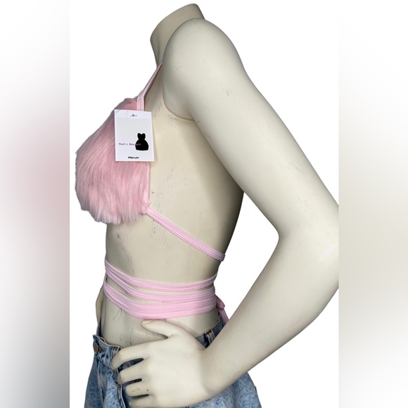 C.BRIDGETT Pink Faux Fur Triangle Criss Cross Festival Halter Crop Bikini Top, M - Picture 7 of 9